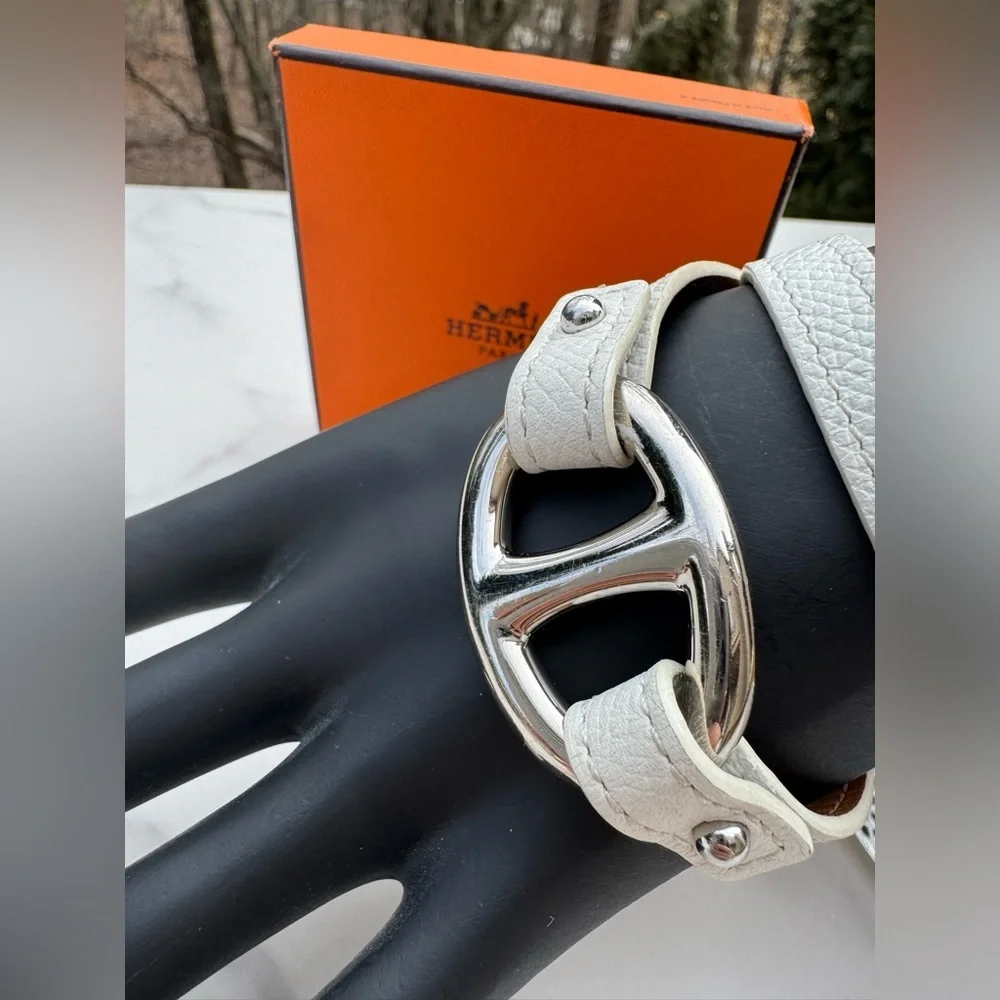 HERMES Granville Double Tour White Leather Bracelet Silver Small